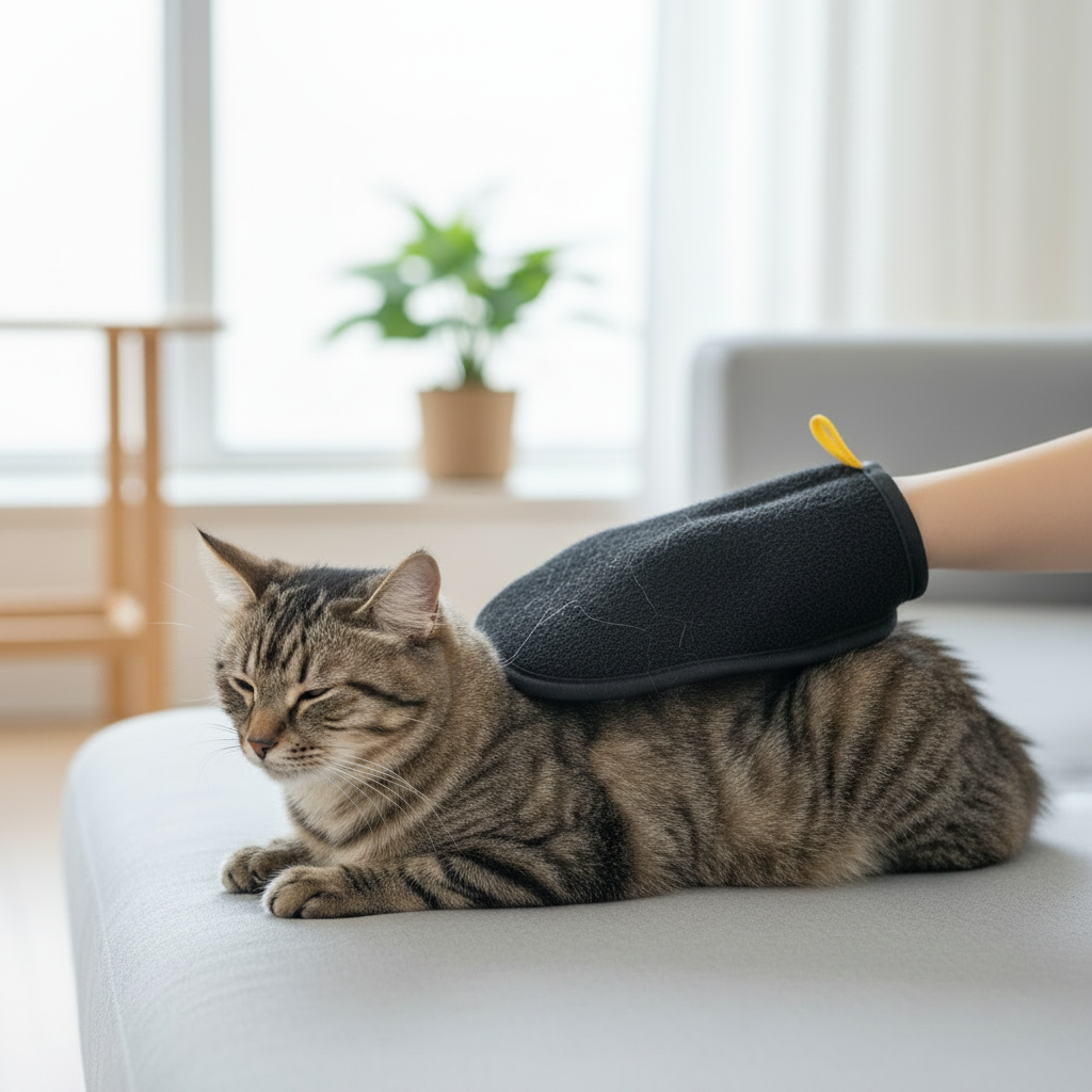Pet hair removal glove in use on a cat